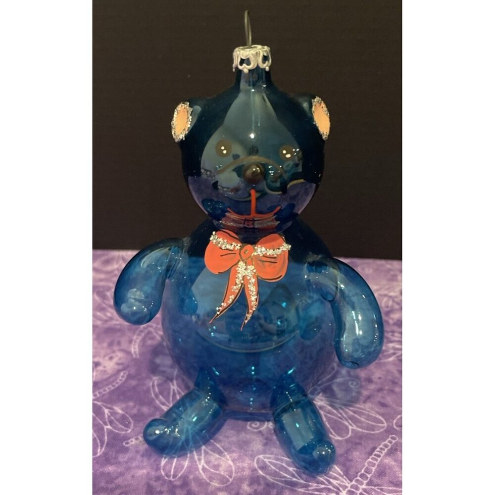 Di Carlini Glass Blue Teddy Bear Pink Bow‎ Christmas Holiday Ornament Italy VTG